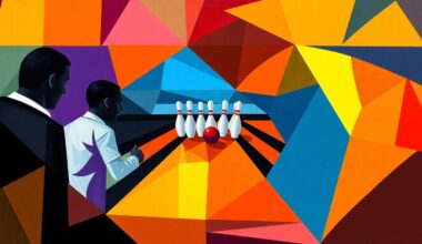 A cubist, geometric painting depicting a college bowling match, with sharp overlapping planes of color representing the dynamic action and competition on the lanes.
