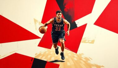 A fragmented, cubist-style painting depicting a Texas Tech basketball player in motion, with their body and the basketball court broken down into sharp, angular geometric shapes in the team