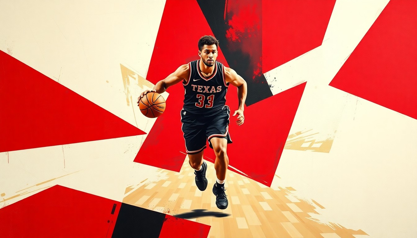 A fragmented, cubist-style painting depicting a Texas Tech basketball player in motion, with their body and the basketball court broken down into sharp, angular geometric shapes in the team