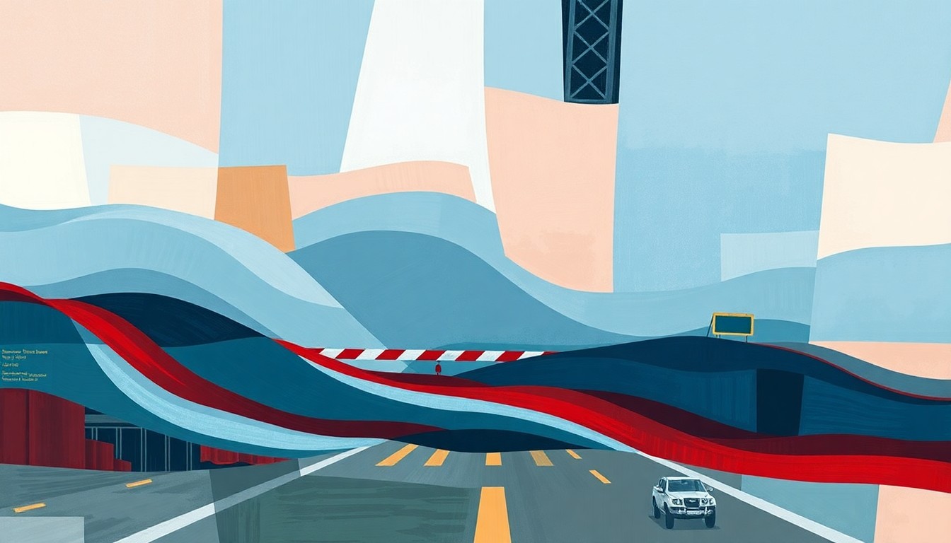 A conceptual illustration featuring overlapping, fractured geometric shapes in shades of blue, grey, and red, representing the complex and divisive nature of the immigration debate.