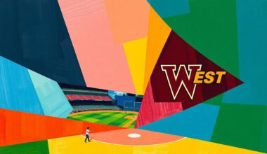A fragmented, geometric painting in the style of Pablo Picasso, using sharp planes of the official team colors of Plano East and Plano West High Schools to conceptually represent the intensity of a high school baseball game.