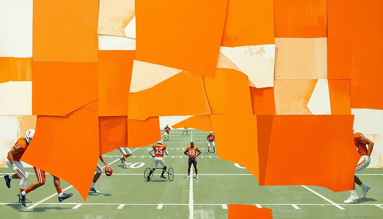 A fragmented, geometric painting depicting a Texas Longhorns football practice, with sharp planes of orange, white, and gray representing the players and action on the field.