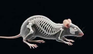 A highly detailed, translucent X-ray photograph showing the skeletal structure of a mouse, with the creature