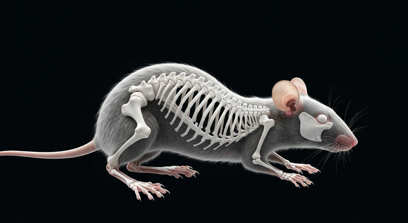 A highly detailed, translucent X-ray photograph showing the skeletal structure of a mouse, with the creature