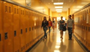 An abstract, impressionistic scene of a high school hallway with blurred lockers, bulletin boards, and figures, rendered in a warm, hazy palette of yellow and orange tones.