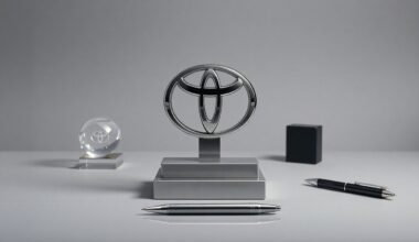 A high-end, photorealistic studio still-life photograph featuring a polished metal Toyota Financial Services logo sculpture surrounded by other premium corporate objects, all arranged elegantly on a clean, monochromatic grey background with dramatic studio lighting, conceptually representing the leadership transition at the company.