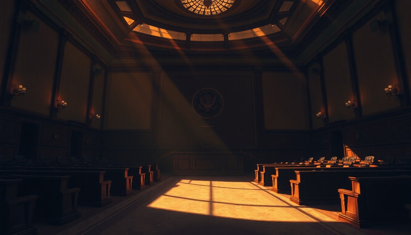 A moody, cinematic painting of an empty city council chamber, with warm sunlight streaming through the windows and deep shadows casting an air of uncertainty and tension.
