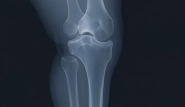A ghostly, translucent X-ray photograph revealing the internal structure of a human knee joint, symbolizing the clinic
