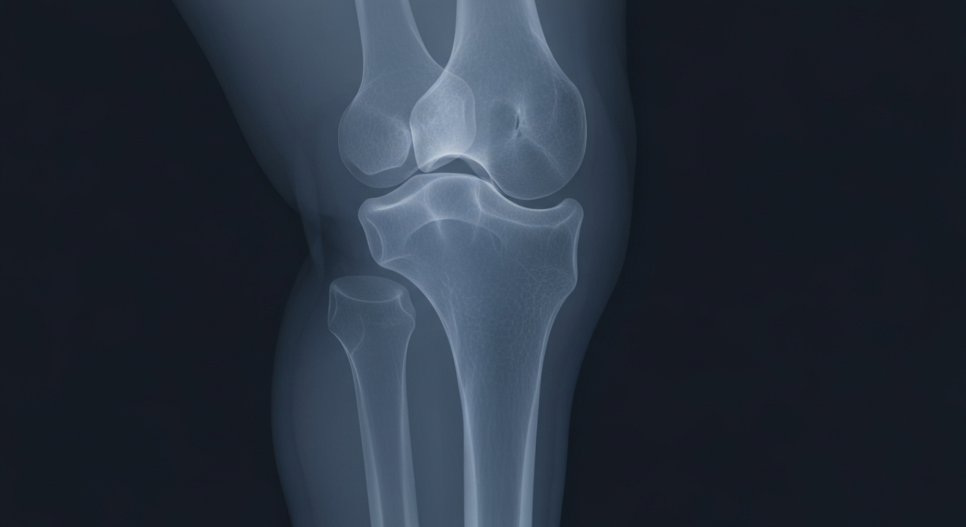 A ghostly, translucent X-ray photograph revealing the internal structure of a human knee joint, symbolizing the clinic
