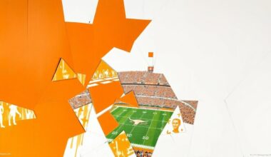 A fractured, multi-perspective painting in a cubist style, breaking down a Texas Longhorns football game into sharp, overlapping geometric shapes in vibrant shades of orange and white, conveying the energy and anticipation of the team