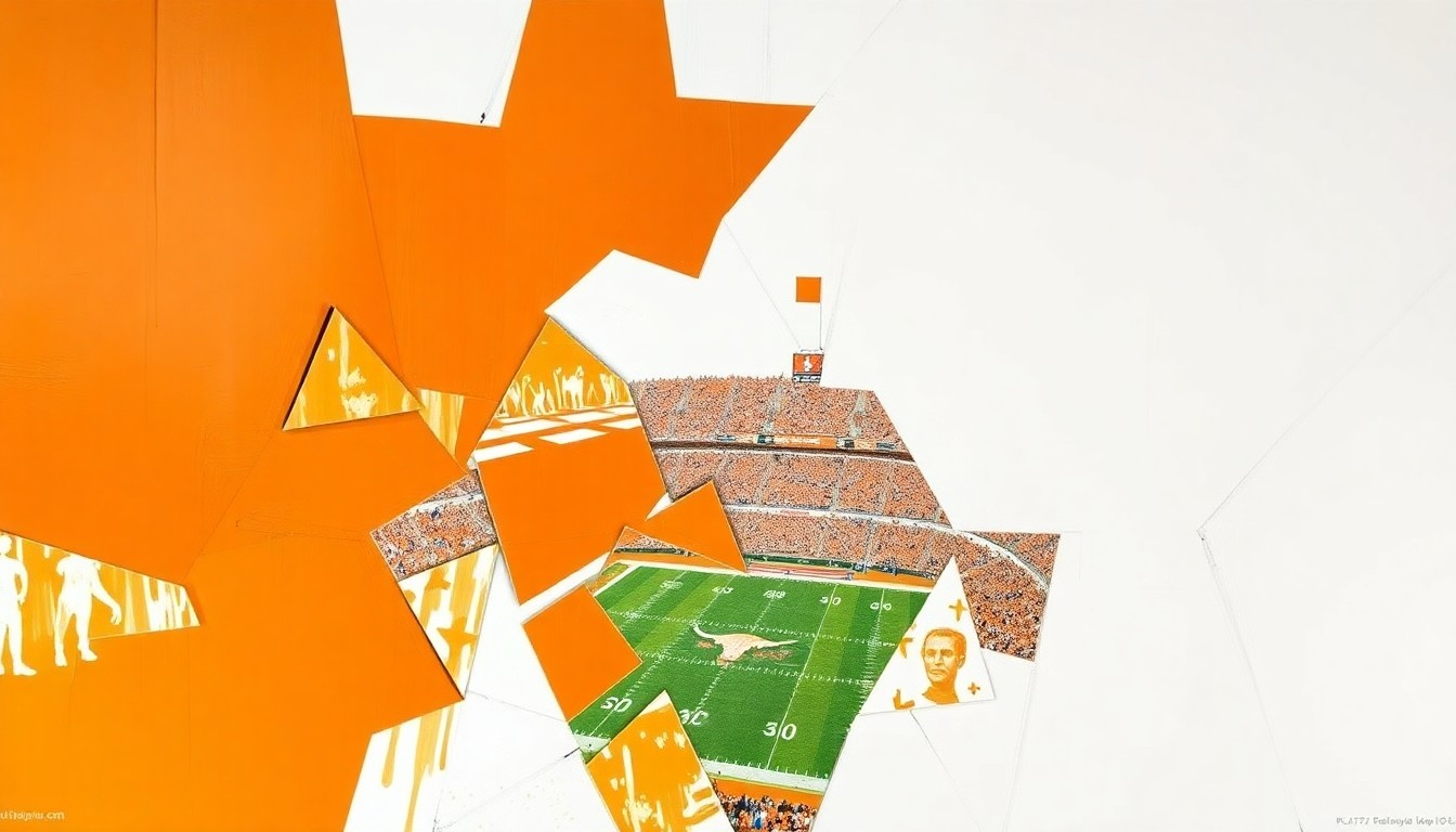 A fractured, multi-perspective painting in a cubist style, breaking down a Texas Longhorns football game into sharp, overlapping geometric shapes in vibrant shades of orange and white, conveying the energy and anticipation of the team