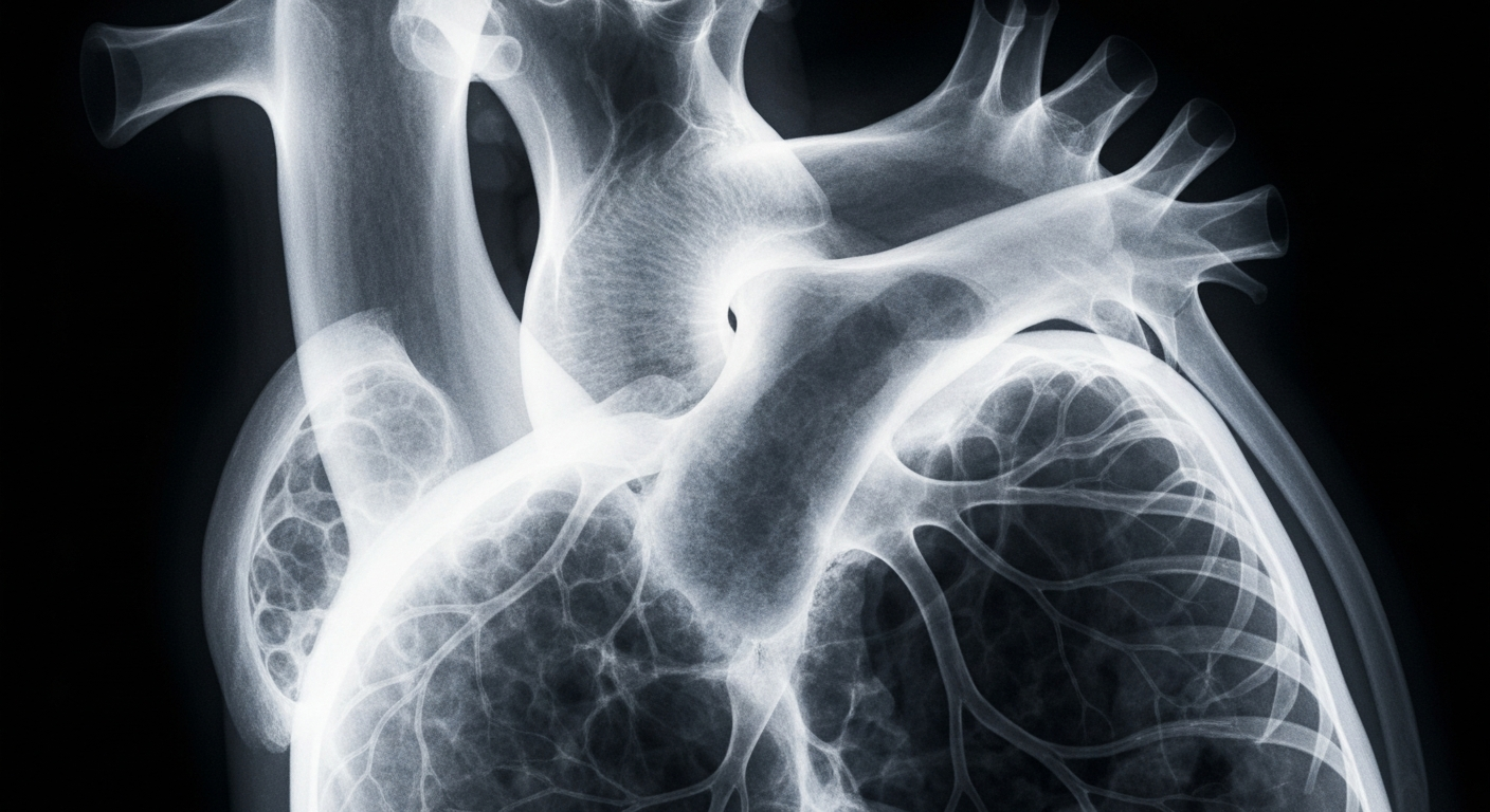 An extreme close-up X-ray photograph of a human heart, revealing the intricate structure of the organ