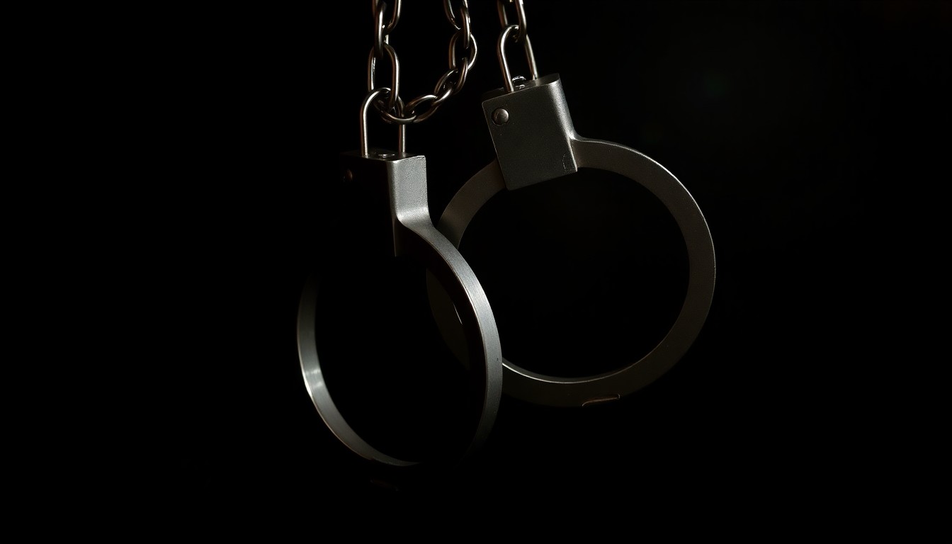 An extreme close-up photograph of metal handcuffs against a dark background, conceptually representing the arrest of a suspect.