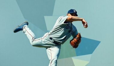 A fragmented, geometric painting depicting a baseball pitcher