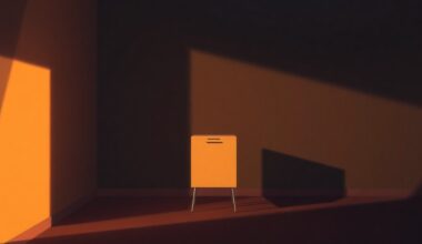 A dimly lit, cinematic painting of a lone ballot box sitting on a wooden table, its surface reflecting the warm glow of sunlight streaming in from a nearby window. The scene conveys a sense of quiet contemplation about the democratic process.