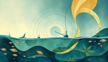 An abstract, geometric painting in earthy tones of blue, green, and brown, depicting a complex web of interconnected marine life and industrial fishing equipment, conveying the fragility of the ocean ecosystem.