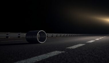An extreme close-up photograph of a single steel coil lying on the dark asphalt of a highway, the metal surface reflecting the harsh, direct light of the camera flash, conceptually illustrating the aftermath of a cargo transportation accident.