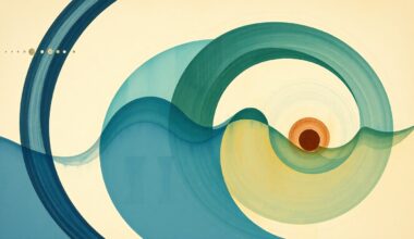 A highly structured abstract painting in earthy tones of blue, green, and brown, depicting the interconnected systems of water treatment, distribution, and reuse through sweeping geometric arcs, concentric circles, and precise botanical spirals, conveying the natural flow and structural order of the water cycle.
