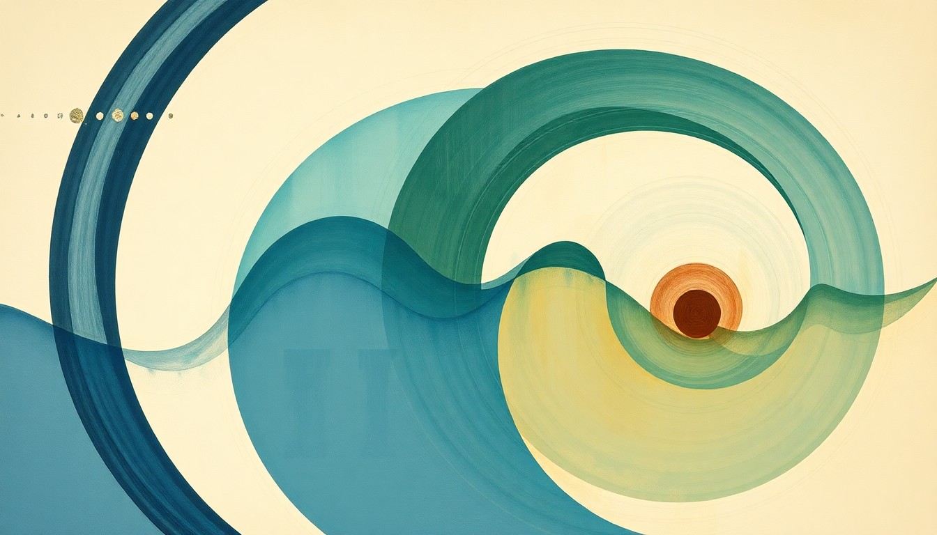 A highly structured abstract painting in earthy tones of blue, green, and brown, depicting the interconnected systems of water treatment, distribution, and reuse through sweeping geometric arcs, concentric circles, and precise botanical spirals, conveying the natural flow and structural order of the water cycle.