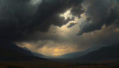 A sweeping, atmospheric landscape painting in muted tones of gray, blue, and gold, with a massive, turbulent sky dominating the frame and dwarfing the small, indistinct structures below, conveying the overwhelming power of an impending storm.