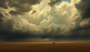 A vast, atmospheric landscape painting in muted tones of gray, blue, and green, depicting a stormy sky filled with dramatic, swirling clouds over a flat, desolate plain, with a small, distant structure or vehicle barely visible in the foreground, conveying the overwhelming scale and power of the natural environment.
