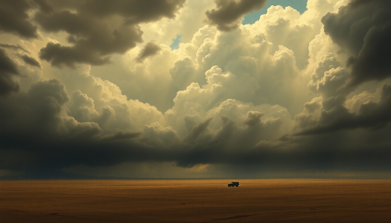 A vast, atmospheric landscape painting in muted tones of gray, blue, and green, depicting a stormy sky filled with dramatic, swirling clouds over a flat, desolate plain, with a small, distant structure or vehicle barely visible in the foreground, conveying the overwhelming scale and power of the natural environment.