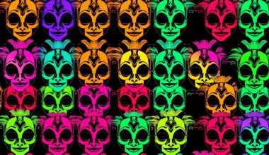 A high-contrast silkscreen print in neon colors depicting a repeated pattern of a traditional Colombian carnival mask or costume item, conveying the festive and artistic spirit of the Carnaval de Barranquilla celebration.