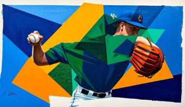 A fragmented, cubist-style painting depicting a baseball pitcher
