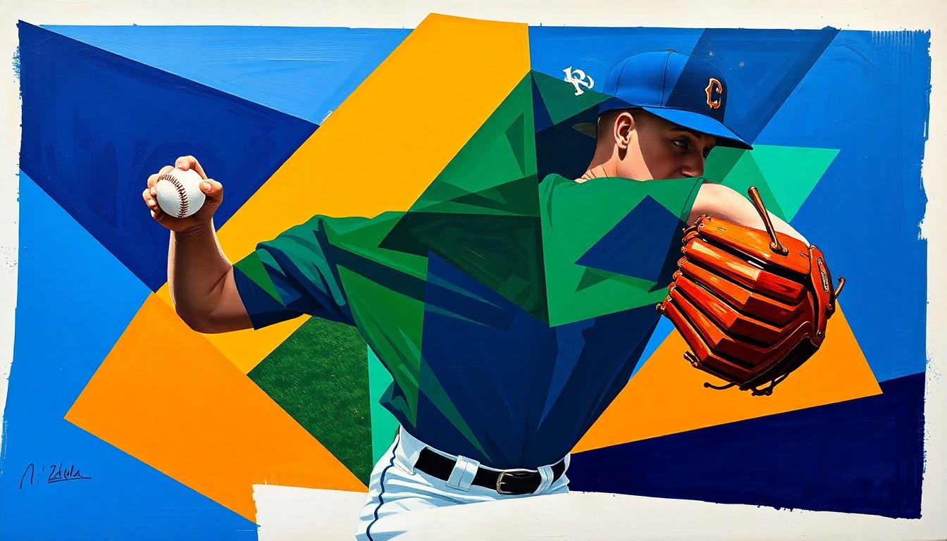 A fragmented, cubist-style painting depicting a baseball pitcher