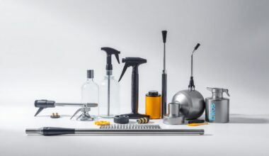 A minimalist studio still life featuring a collection of polished, geometric objects representing the tools and materials used in professional pressure washing services, arranged elegantly on a clean, monochromatic background to convey the precision and expertise of Wash Broz