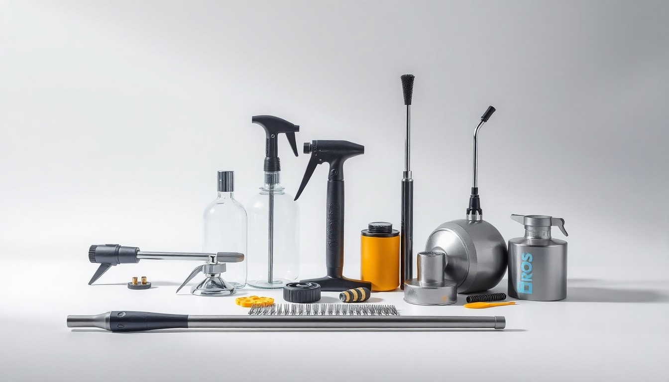 A minimalist studio still life featuring a collection of polished, geometric objects representing the tools and materials used in professional pressure washing services, arranged elegantly on a clean, monochromatic background to convey the precision and expertise of Wash Broz