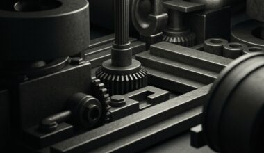 A highly detailed, cinematic close-up of the intricate mechanical components and hardware that make up the core infrastructure of the telecom industry, captured in a dramatic, high-contrast black and white style that emphasizes the raw, industrial power of these systems.