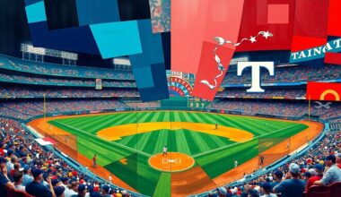 A cubist, geometric painting in vibrant blues, reds, and whites, depicting an abstract baseball game scene with overlapping planes and shapes, representing the Mariners