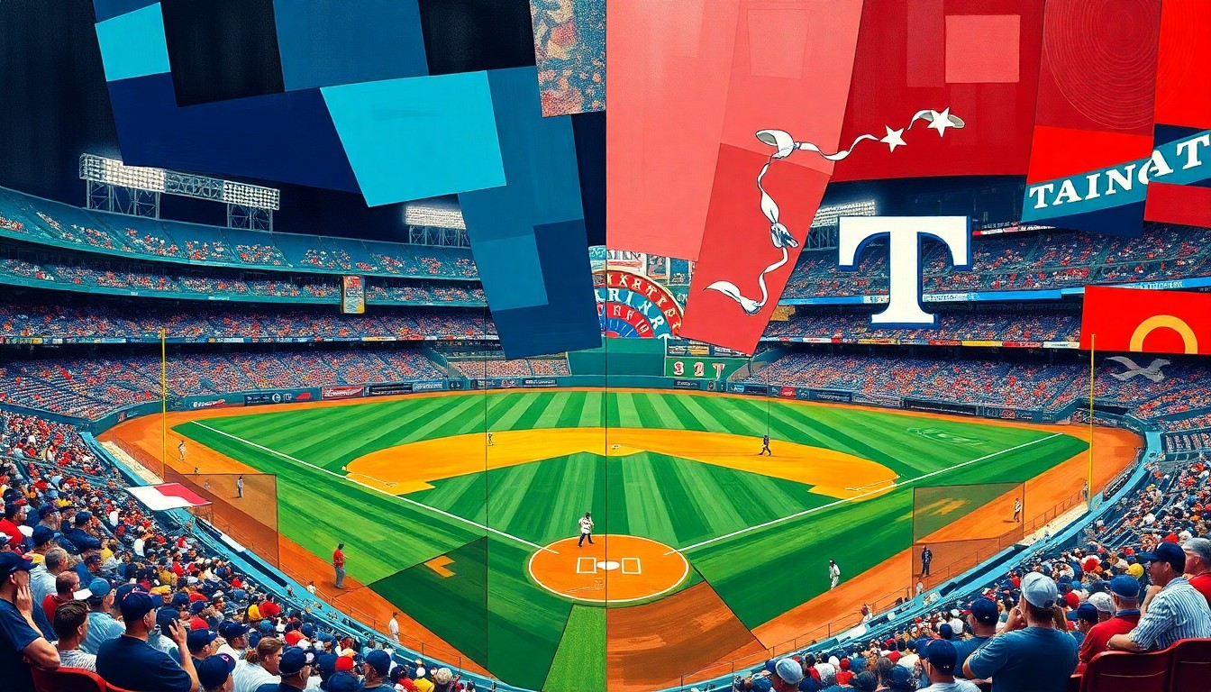 A cubist, geometric painting in vibrant blues, reds, and whites, depicting an abstract baseball game scene with overlapping planes and shapes, representing the Mariners