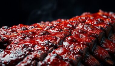 An extreme close-up photograph of charred, glistening barbecue ribs, capturing the rich, luxurious texture of the meat in dramatic studio lighting.