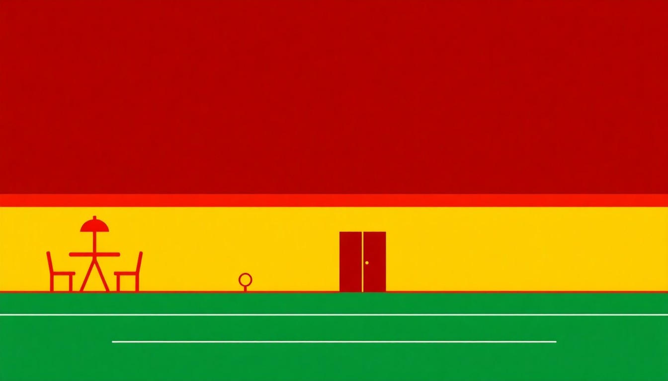 A minimalist illustration using bold geometric shapes and primary colors to represent the concept of restaurant price inflation, with Lubbock