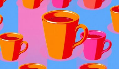 A highly stylized, brightly colored silkscreen print of a single restaurant plate or cup repeated in a grid pattern, conceptually representing the sustainable practices of a restaurant.