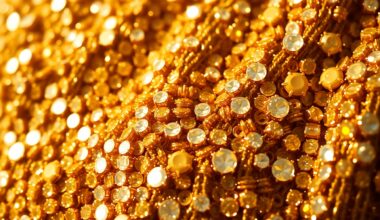 An abstract close-up image of shimmering gold sequins and sparkling rhinestones, capturing the high-fashion glamour and energy of celebrity culture.