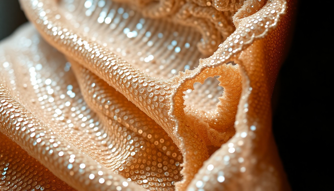 An extreme close-up of shimmering, glittering opera costume textures like sequins, lace, and velvet, captured in a high-contrast, high-fashion studio lighting style that conceptually represents the lavish production values of Madama Butterfly.