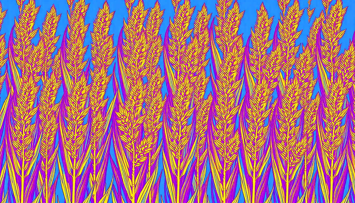 A bold, colorful silkscreen-style illustration of a sorghum plant repeated in a grid pattern, capturing the vibrant energy and innovative spirit of the National Sorghum Foundation