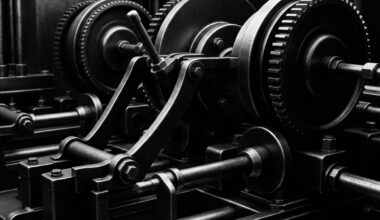 A close-up, high-contrast image of heavy, industrial banking equipment and mechanisms, conveying the complex infrastructure that supports mortgage lending in Texas.