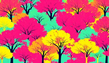 A bold, colorful silkscreen-style illustration featuring a repeated pattern of a single iconic tree species in shades of neon green, pink, and blue, conceptually representing Arlington
