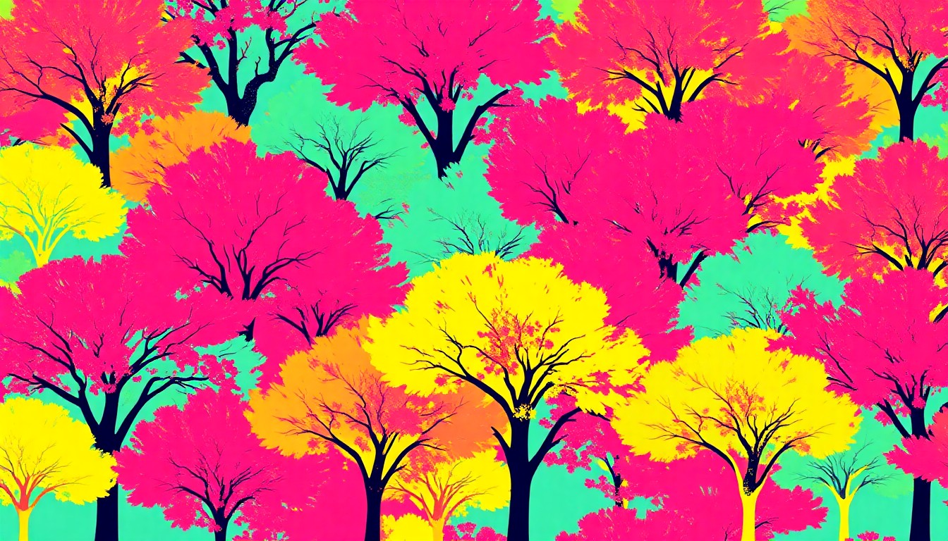 A bold, colorful silkscreen-style illustration featuring a repeated pattern of a single iconic tree species in shades of neon green, pink, and blue, conceptually representing Arlington