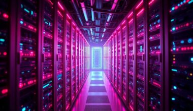 A highly detailed, glowing 3D illustration of a futuristic data center server rack, with neon cyan and magenta lights illuminating the intricate hardware components, conceptually representing the technological sophistication of modern data infrastructure.