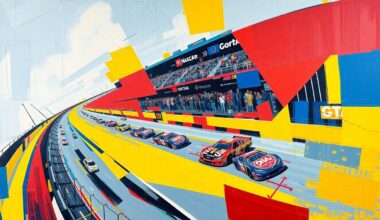 A fractured, multi-perspective painting in vibrant colors of red, blue, and yellow, depicting a NASCAR race at COTA in an abstract, cubist style, with the cars and track rendered as sharp, overlapping geometric planes.