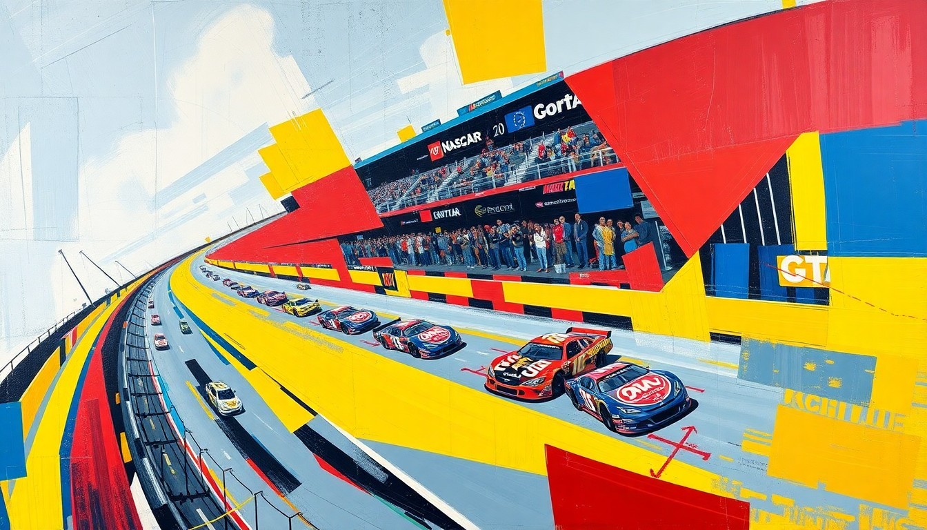 A fractured, multi-perspective painting in vibrant colors of red, blue, and yellow, depicting a NASCAR race at COTA in an abstract, cubist style, with the cars and track rendered as sharp, overlapping geometric planes.