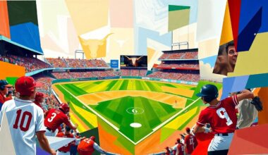A fractured, multi-perspective painting in the style of Pablo Picasso, breaking a softball game between two teams down into sharp, overlapping geometric planes of vibrant colors representing the players and field.