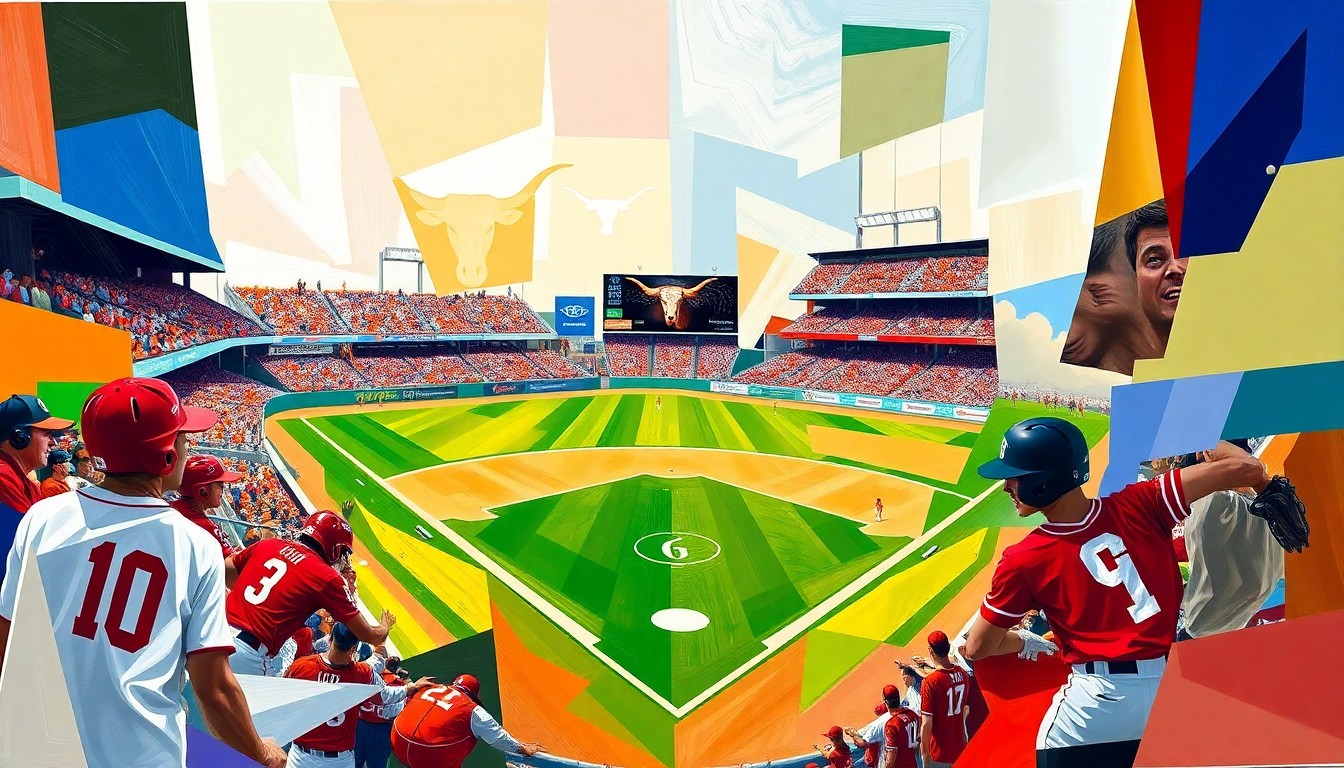A fractured, multi-perspective painting in the style of Pablo Picasso, breaking a softball game between two teams down into sharp, overlapping geometric planes of vibrant colors representing the players and field.