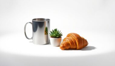A photorealistic studio still life featuring a stainless steel coffee mug, a freshly baked croissant, and a small potted plant, symbolizing the balance between corporate interests and local community focus in Lubbock