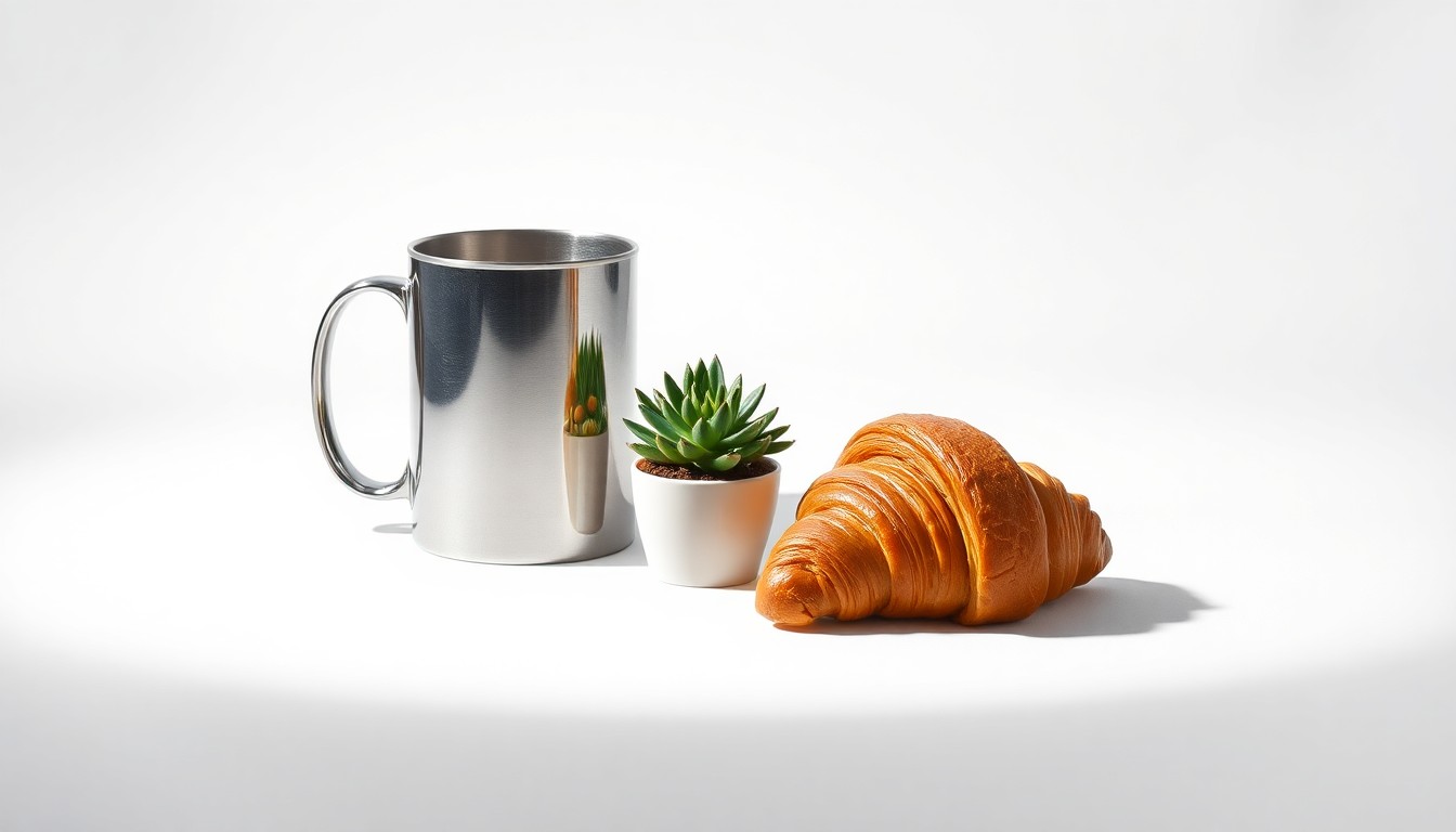 A photorealistic studio still life featuring a stainless steel coffee mug, a freshly baked croissant, and a small potted plant, symbolizing the balance between corporate interests and local community focus in Lubbock